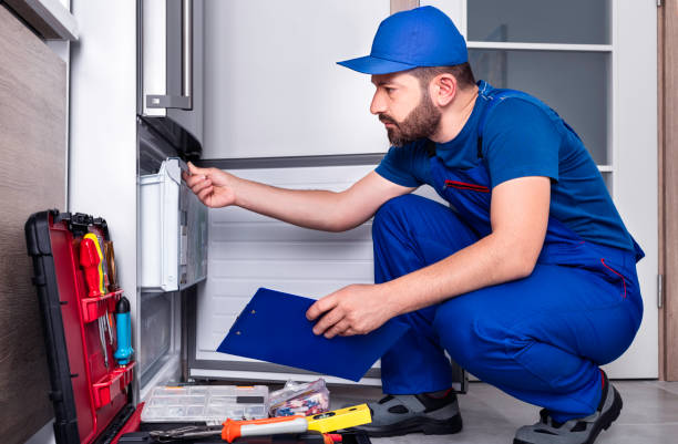 repairman, refrigerator, repairing, examining, installing